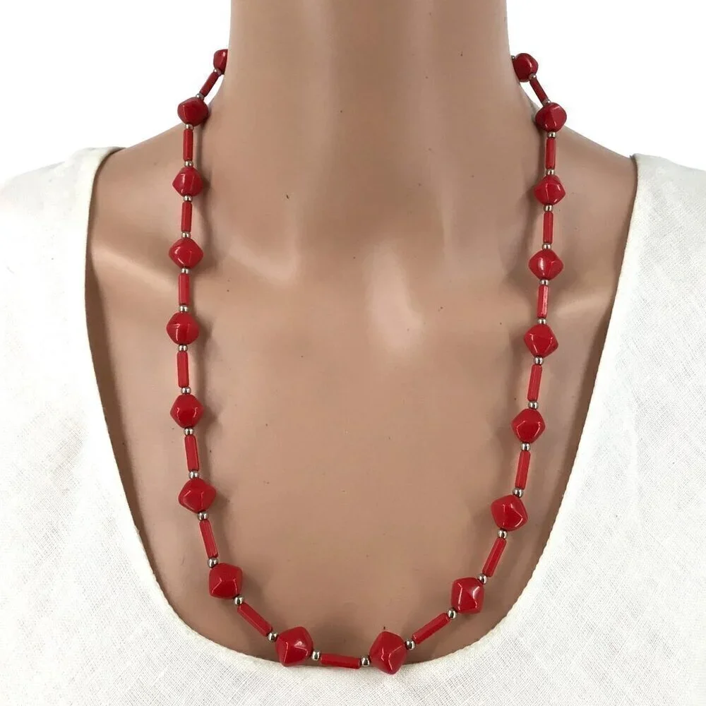 Necklace Red Silver Tone Spacers 24 Inch Length